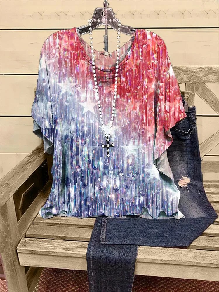 Women's Casual Fashion Flag Print Half-sleeve V-neck T-shirt