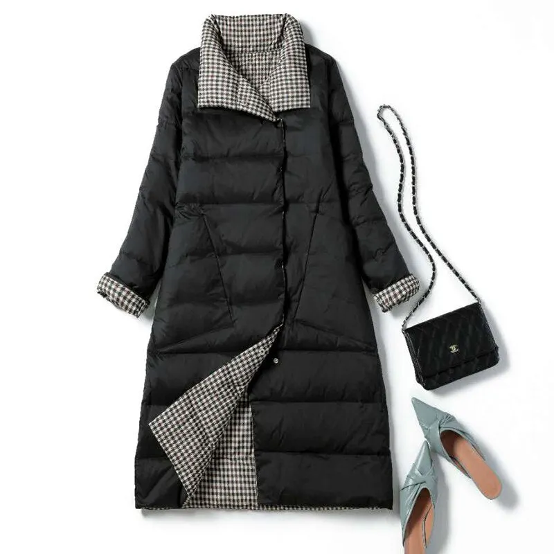 FTLZZ New Autumn Winter Women Double Sided Ultra Light Long Down Coat 90% White Duck Down Parkas Warm Snow Plaid Outwear