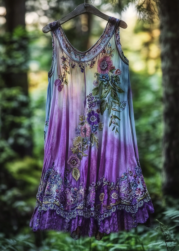 VChics Vintage Violet Gradient Lace Art Linen Sleeveless Tank Top