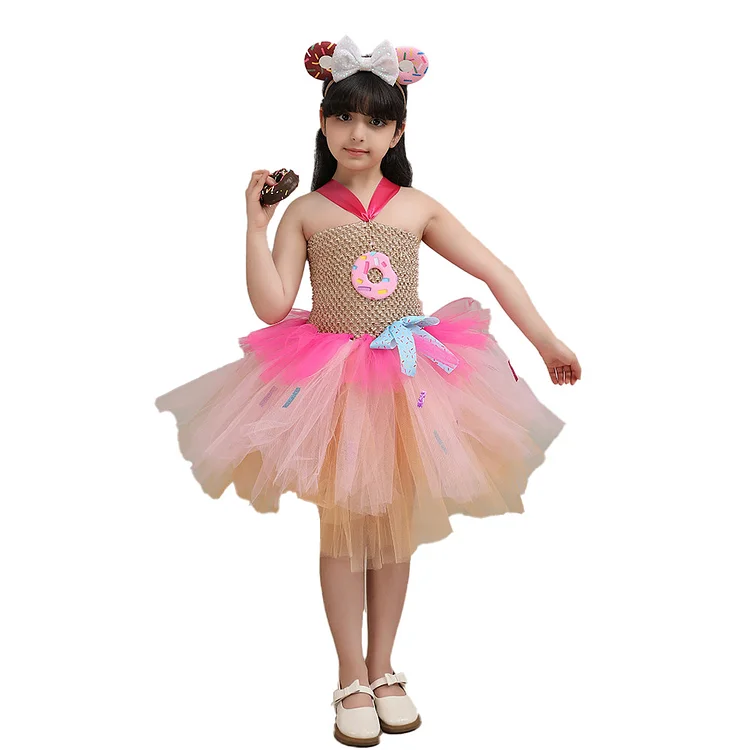 Kids Children Pink Donuts Tutu Dress Outfits Cosplay Costume Halloween Carnival Suit
