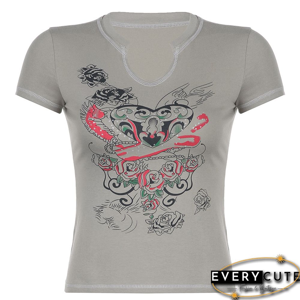 Contrasting Rose Element Sexy Small V-Neck T-Shirt