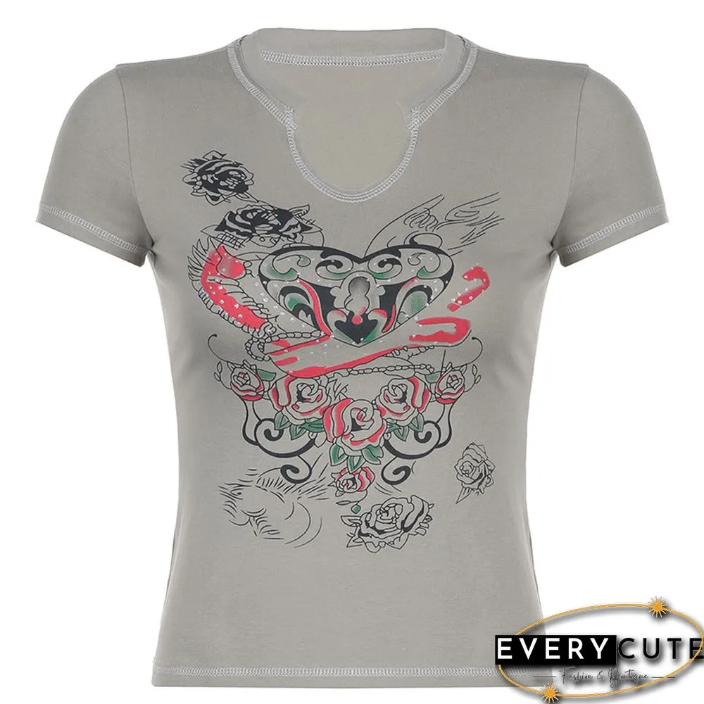 Contrasting Rose Element Sexy Small V-Neck T-Shirt