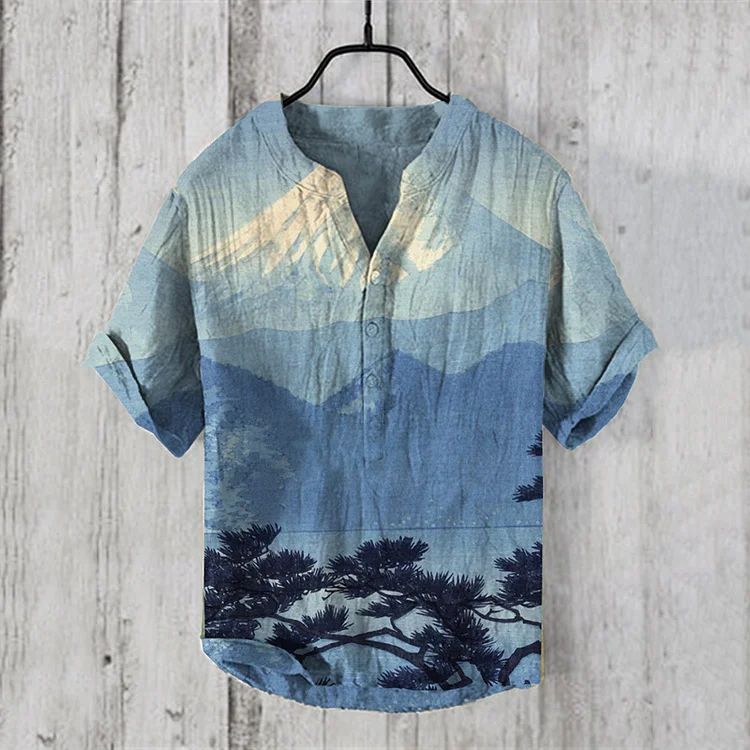 Comstylish Vintage Japanese Mount Fuji Landscape Art Linen Blend Shirt