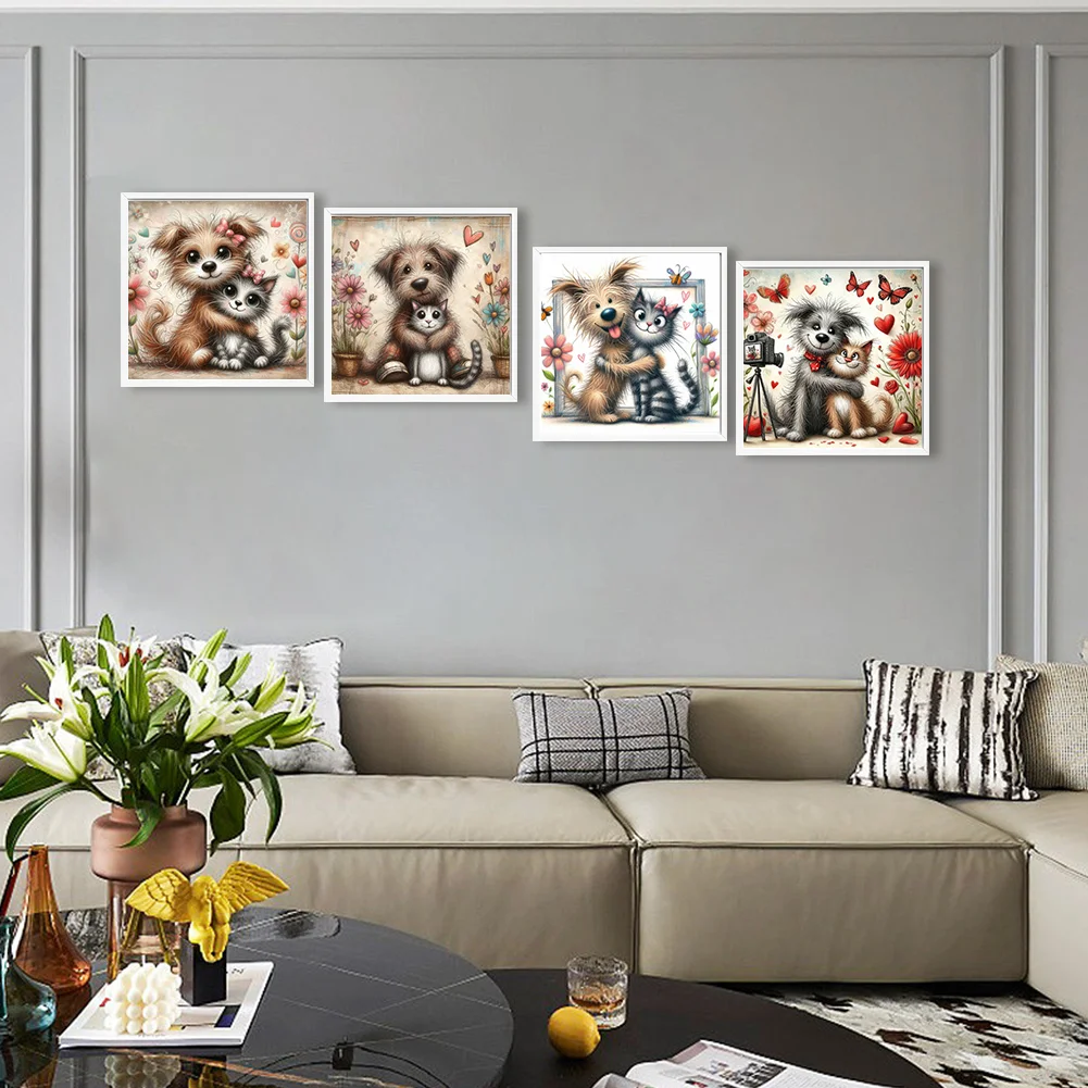 4pcs Diamond Painting - Full Round Drill - Warm Cats Dogs(Canvas|30*30cm)
