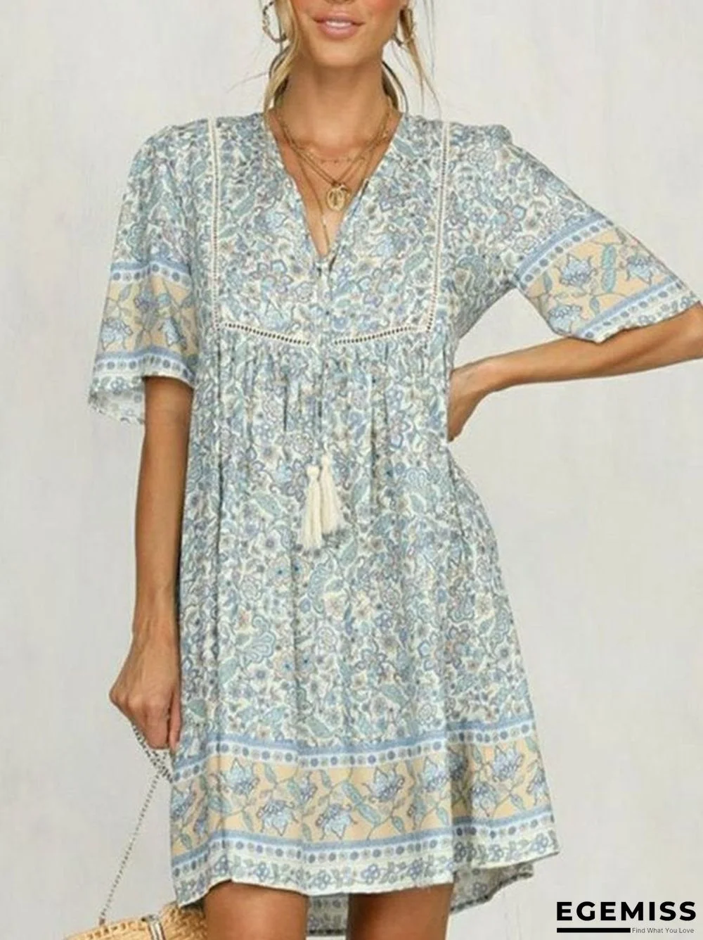 Light Blue Half Sleeve Cotton-Blend Dresses | EGEMISS