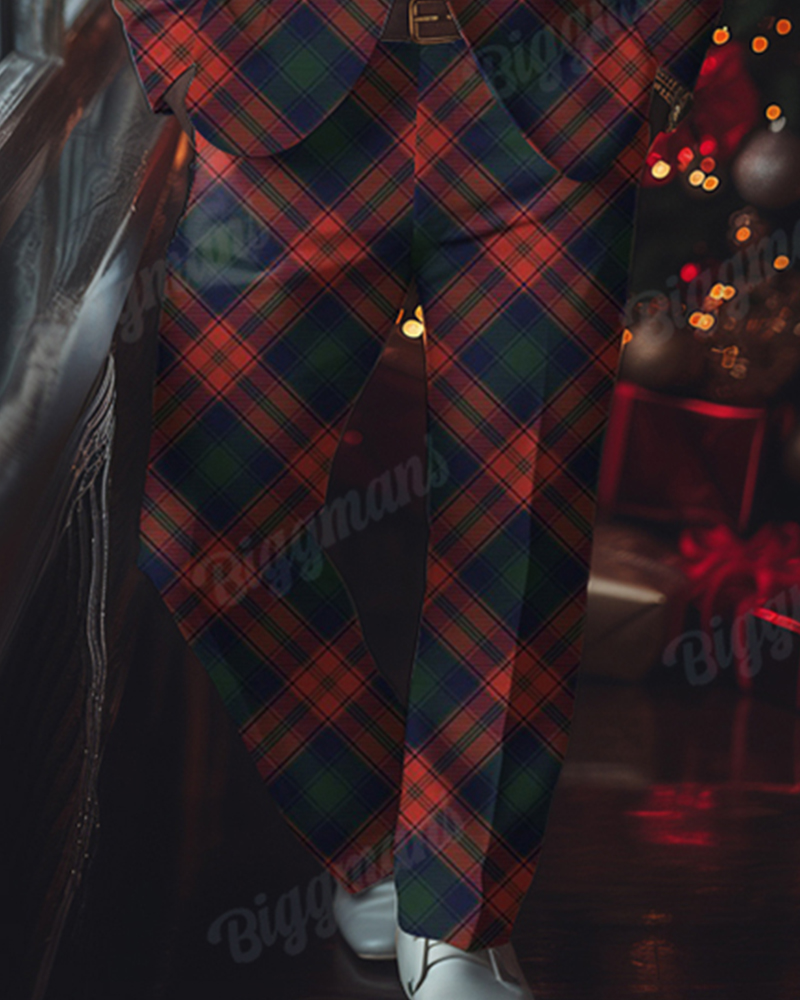 Men's Plus Size Christmas Red & Green Plaid Party Blazer Suit