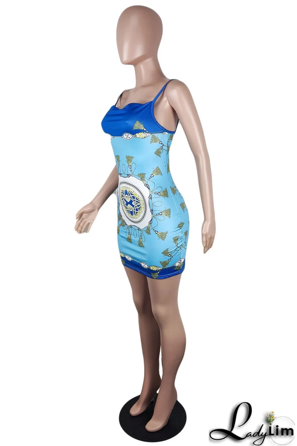 Blue Fashion Sexy Print Backless Spaghetti Strap Sleeveless Dress