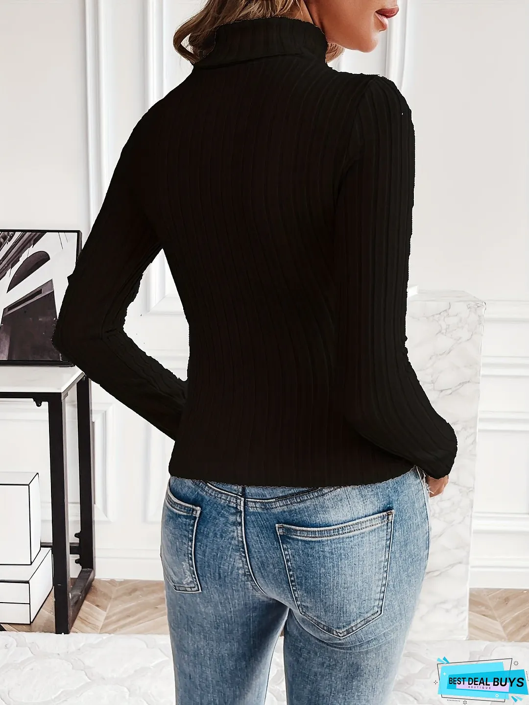 Cutout Ribbed Turtleneck T-Shirt, Casual Long Sleeve Top For Spring & Fall, Women's Clothing