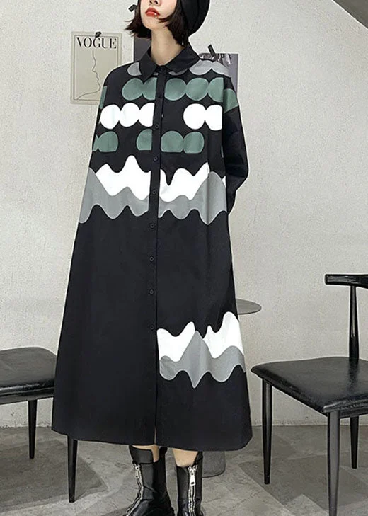 Vintage Black Print Button Pockets Fall Shirts Long sleeve dress