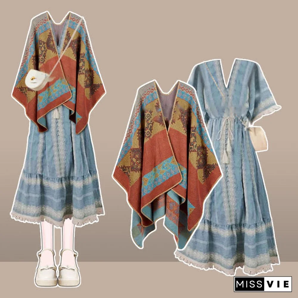 Boho Vintage Print Colorblock Shawl Wrap V-neck Lace Up Dress