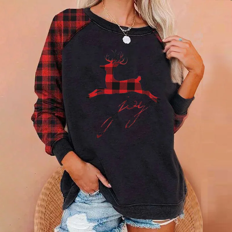 Lovely Tartan Check Deer Graphic Round Neck Sweatshirt