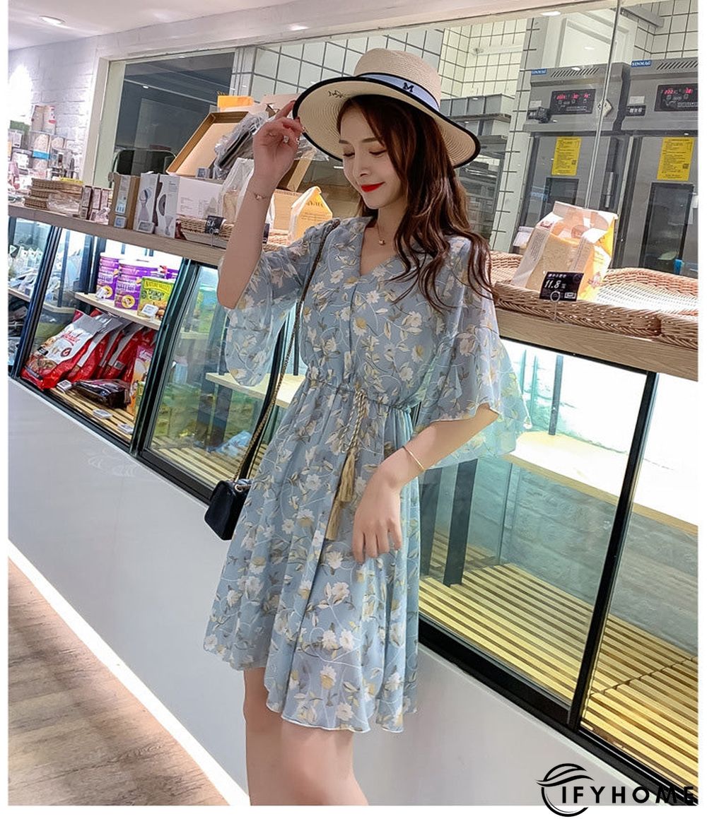Spring Summer Chiffon Women V-Neck Floral Print Short Dresses Sweet Ruffle Sleeeve Slim Drawstring Ladies Dress | IFYHOME