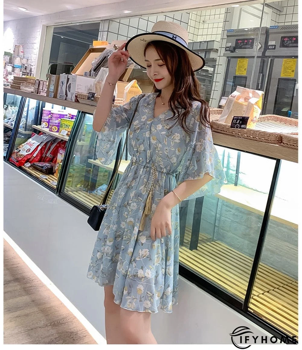 Spring Summer Chiffon Women V-Neck Floral Print Short Dresses Sweet Ruffle Sleeeve Slim Drawstring Ladies Dress | IFYHOME