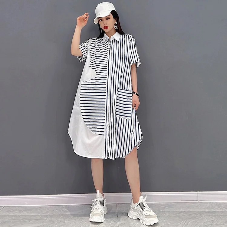 Casual Loose Striped Single Breasted Short Sleeve Shirt Dress  