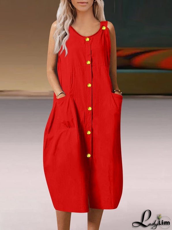 Solid Sleeveless Midi Dress with Pockets and Buttons