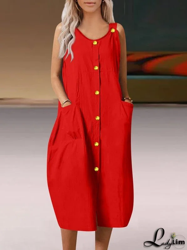 Solid Sleeveless Midi Dress with Pockets and Buttons