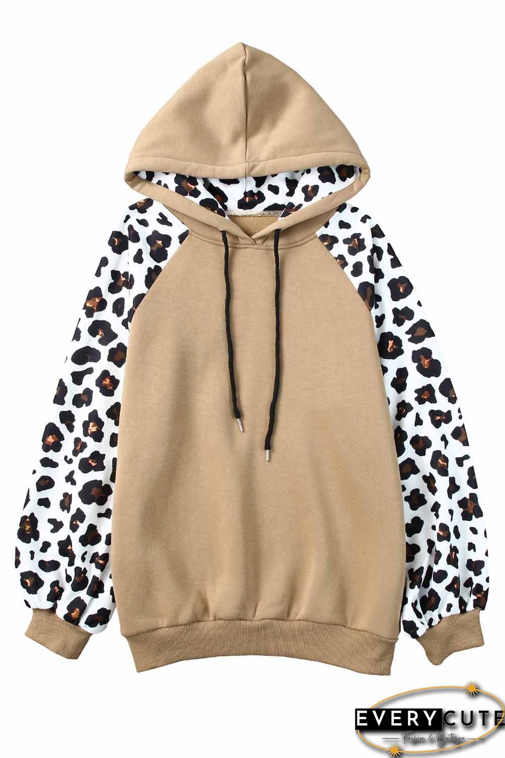 Khaki Leopard Bishop Sleeve Hooded Sweatshirt