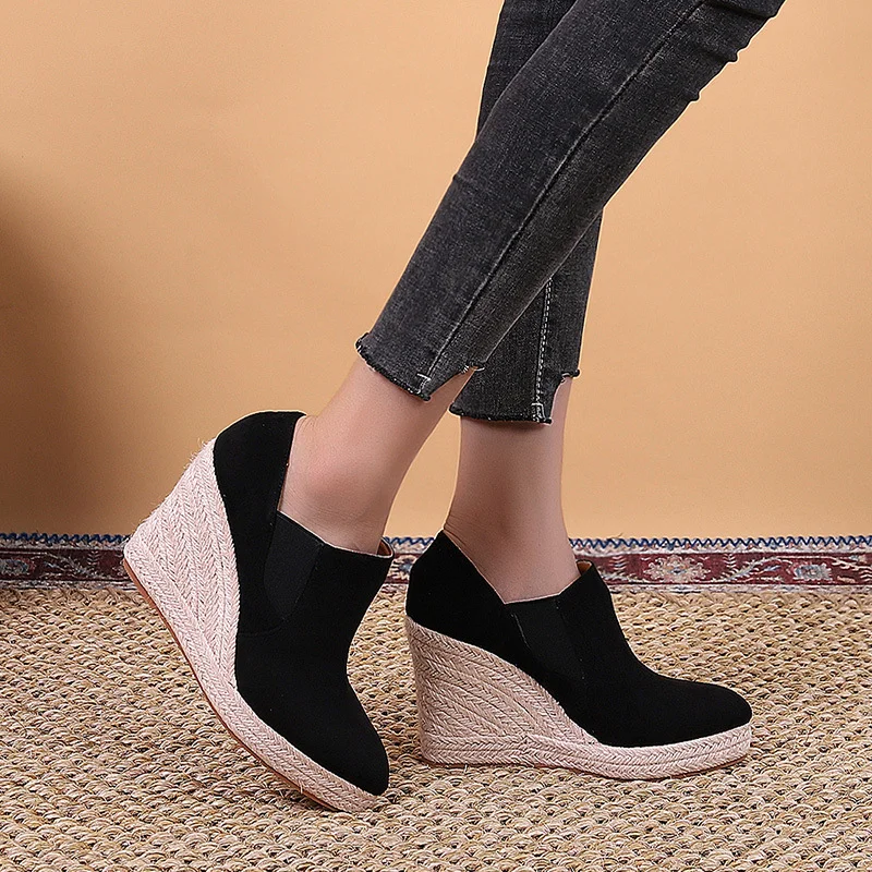 Wongn Wongn And Winter New Pointed Slope With Thick Bottom High Heel Deep Mouth Single Shoes Female Grass Woven Hemp Rope Bottom