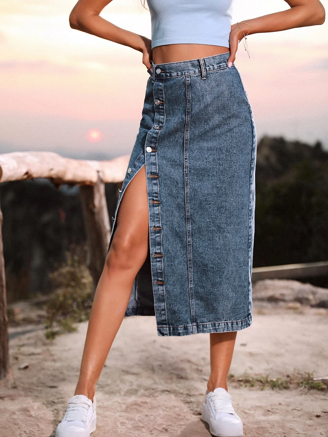 2022 Fashion New Single Breasted Knee Length Denim Skirt Women ...