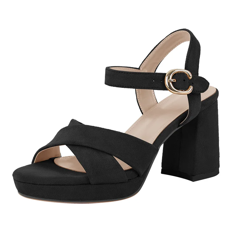 Balck Suede Platform Buckle Strap Round Toe Sandals