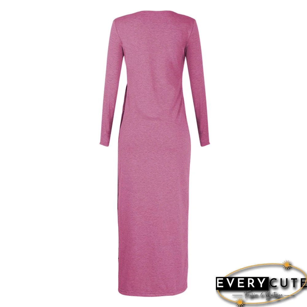 Rosy Button High Split Long Casual Dress