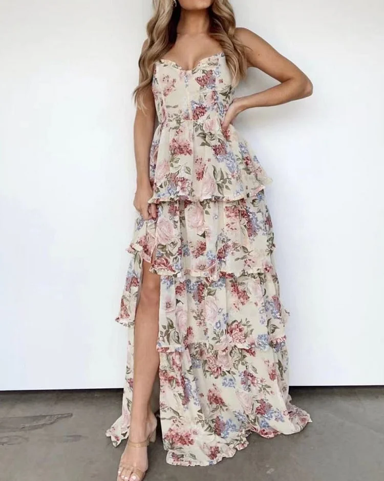 Elegant Printed Slit Slip Dress