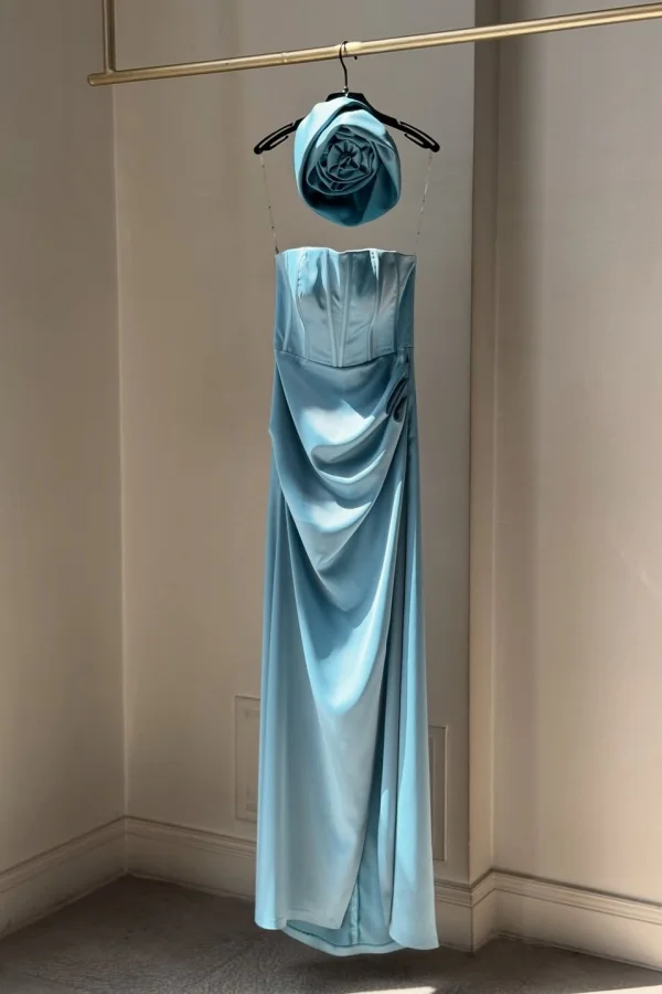Elegant Satin Blue Straight Across Handmade Flower Sleeveless Prom Dress YK0097
