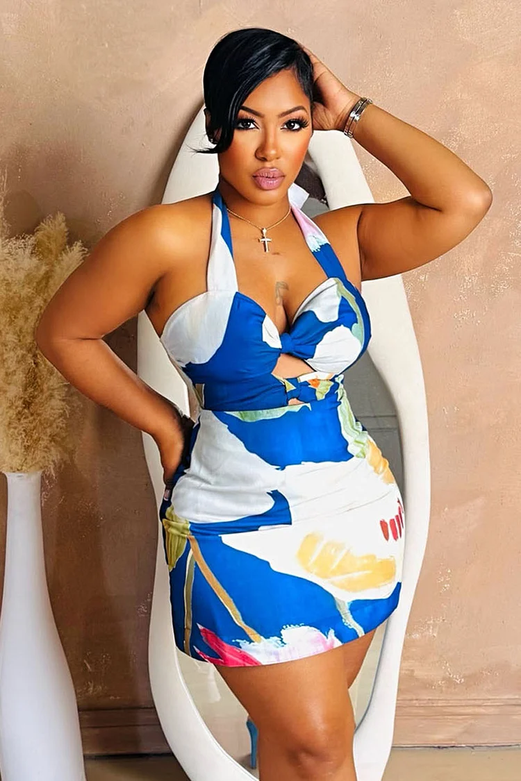 Halter Cutout Backless Print Bodycon Vacation Mini Dresses-Blue [Pre Order]