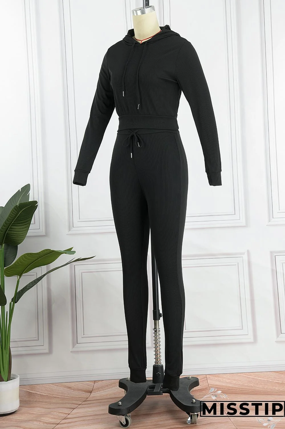 Black Casual Solid Basic Hooded Collar Long Sleeve Two Pieces