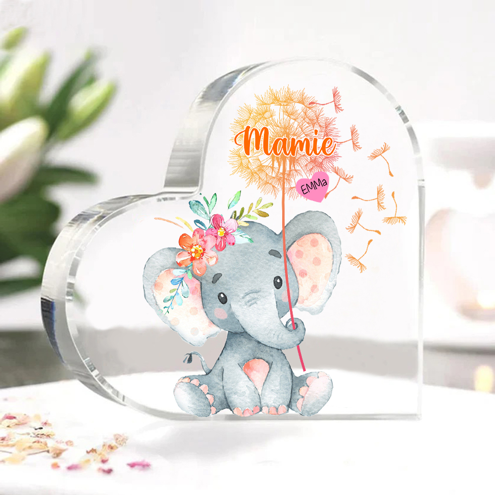 À ma Mamie - Plaque Acrylique en Forme de Cœur Éléphant 1 Prénom Personnalisé