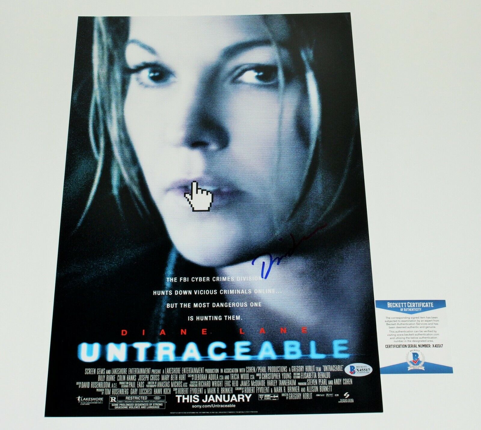 DIANE LANE HAND SIGNED AUTHENTIC 'UNTRACEABLE' 12X18 MOVIE POSTER BECKETT COA