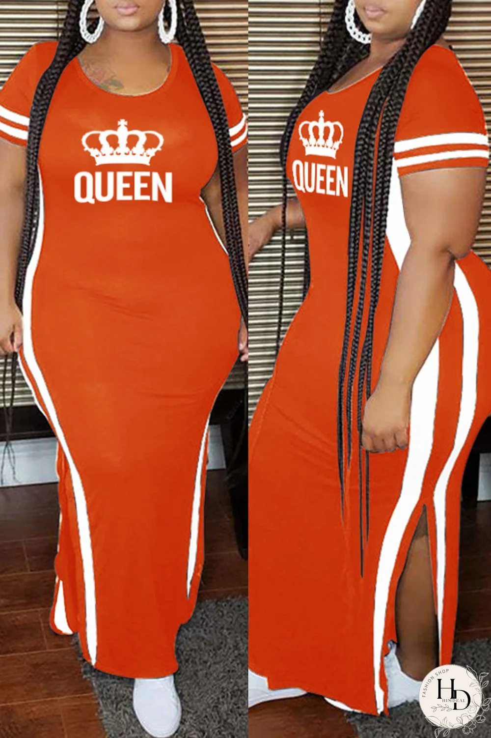Orange Fashion Casual Plus Size Print Split Joint Slit O Neck Short Sleeve Dress