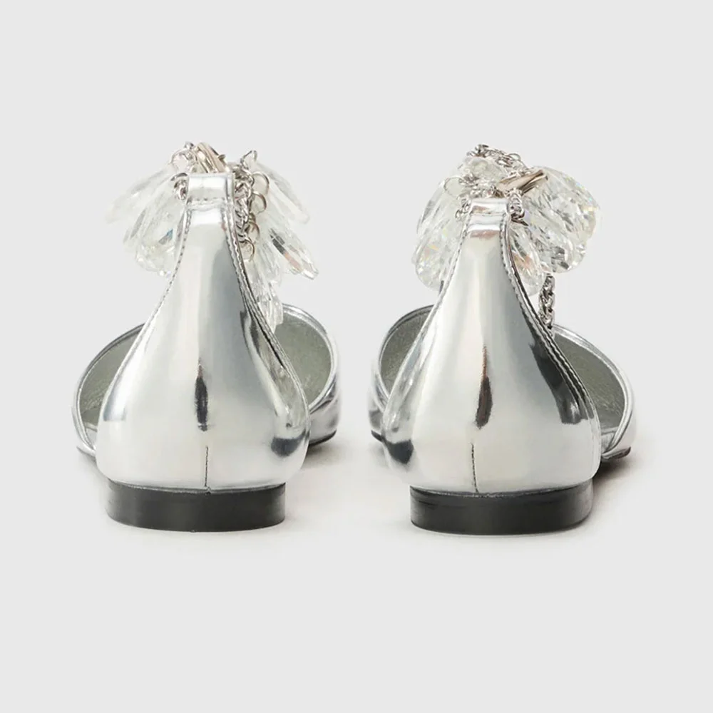 Silver Pointed Toe Chain Strap Rhinestone Flat Shoes for Women