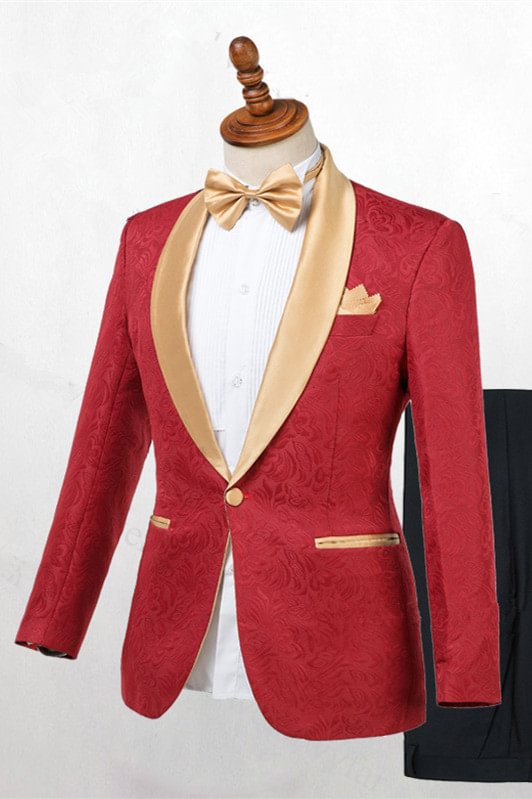 Jacquard Red Shawl Lapel Men's Wedding Suit With One Button | Ballbellas Ballbellas