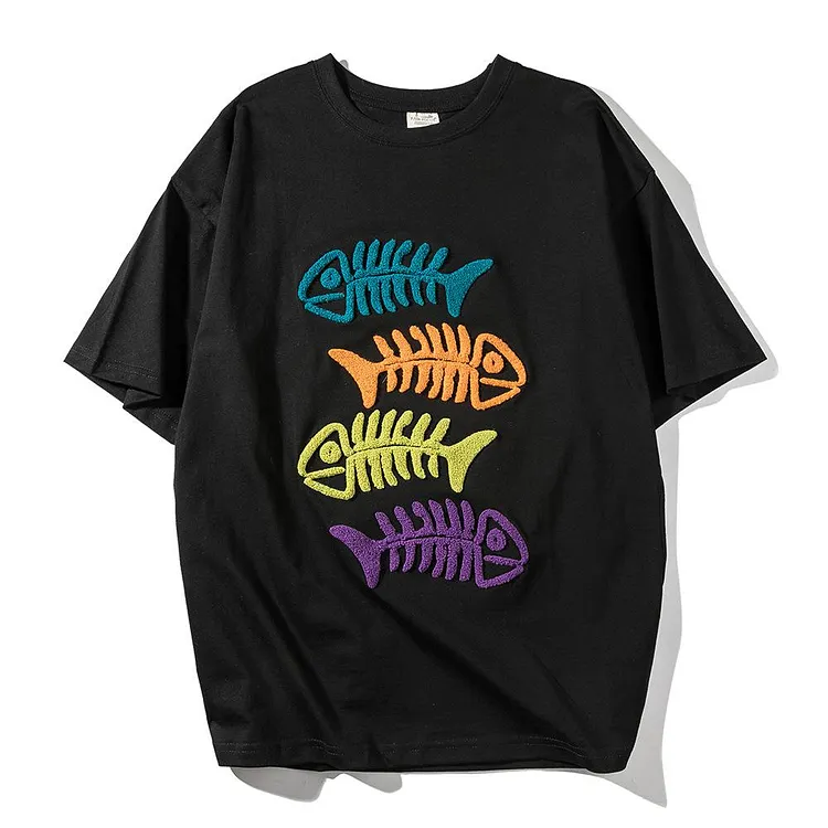 Men's T Shirt Summer Casual Tops Cartoon Fish Embroidered Short Sleeve T-shirt Men's Fashion Brand round Neck Trend Half Sleeve