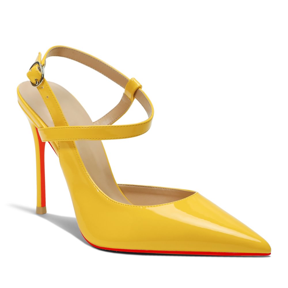 100mm Women Slingback Pumps Ankle Strap Jenlove Stiletto Mid Heel Close Pointed Toe Dress Red Bottoms Shoes-MERUMOTE