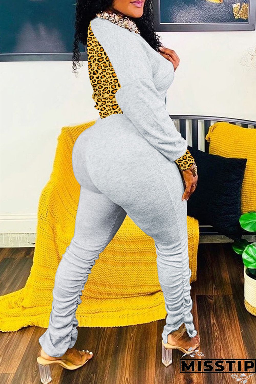 Black Fashion Casual Print Leopard Patchwork Fold V Neck Long Sleeve Two Pieces