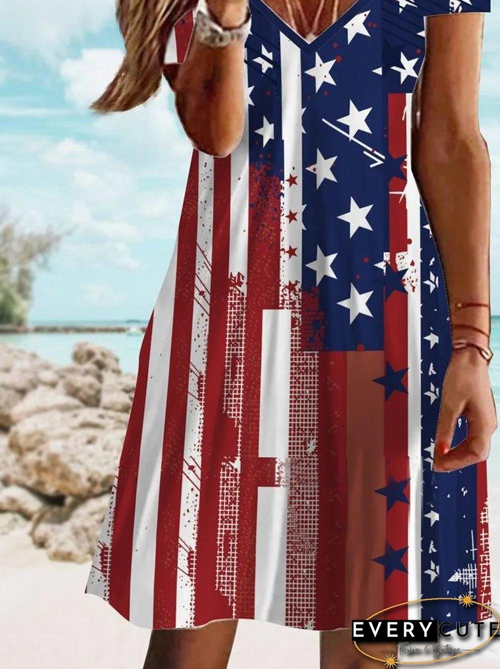 Deep V Neck Flag Printed Beach Dress