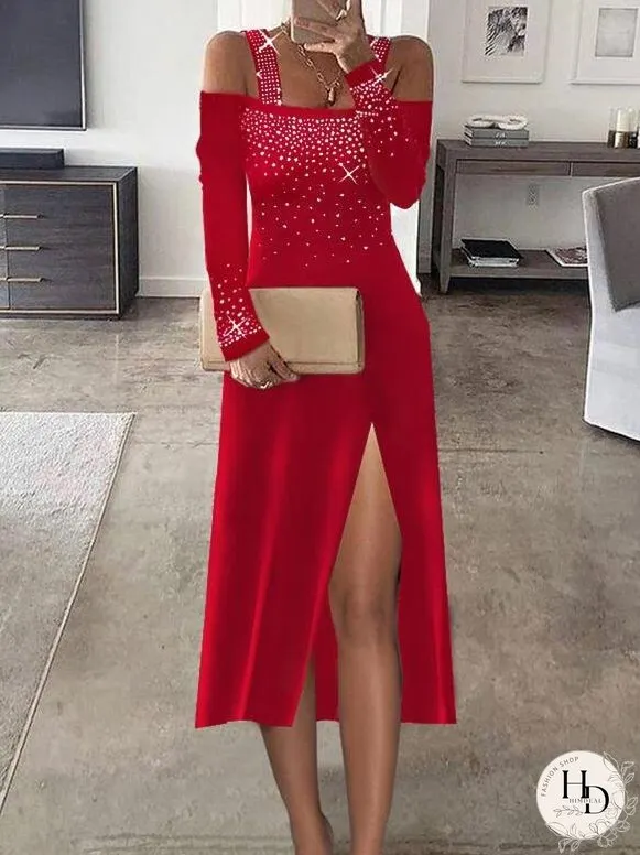 Dresses Hot Rhinestone Sling One Shoulder Slit Dress for Women