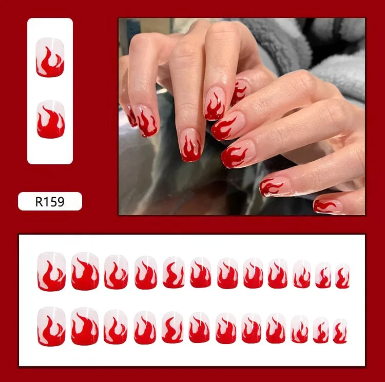 24PCS Dark Punk False Nails with Glue Gradient Long Detachable Fire Stick on Nails Skull Flame  Art DIY Fashion Manicure Tool-Nail Inspo