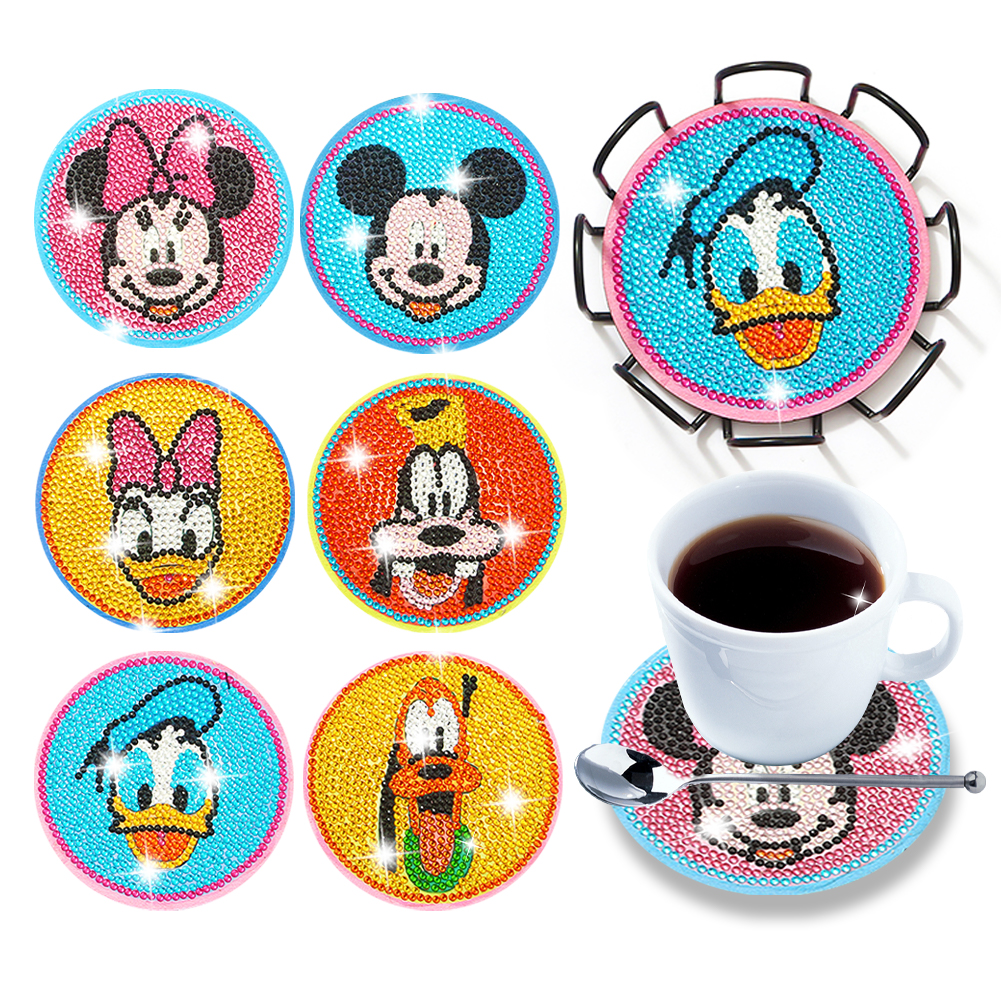 6pcs DIY Diamonds Painting Coaster Mickey Minnie Wooden for Kids Gifts (Y1101)