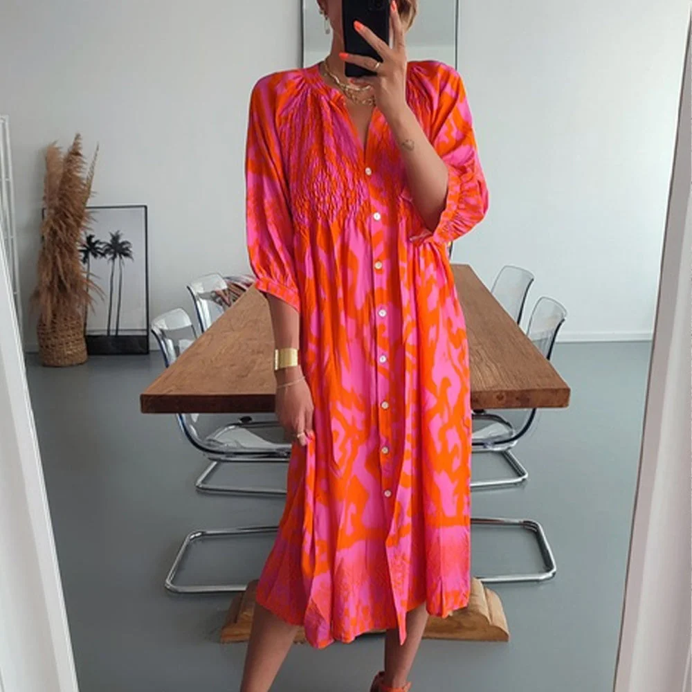 Hot Pink and Orange Print Shirred Button Front Midi Dress