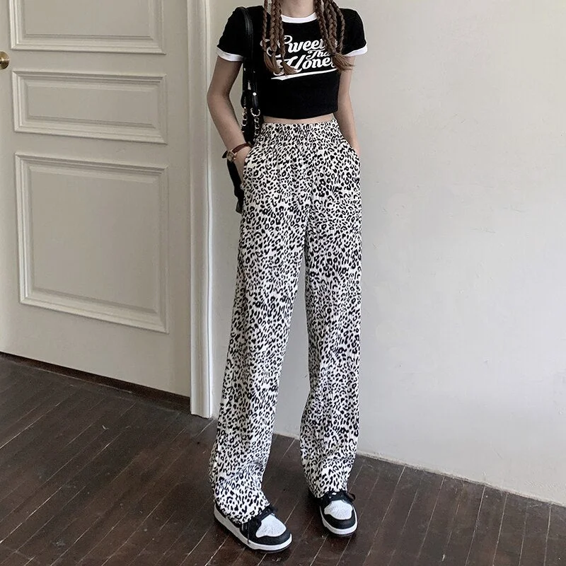 Summer Fashion Casual Slacks High Waist Pants Women Fashion Leopard  Long Trousers  Straight Sweatpants Streetwear