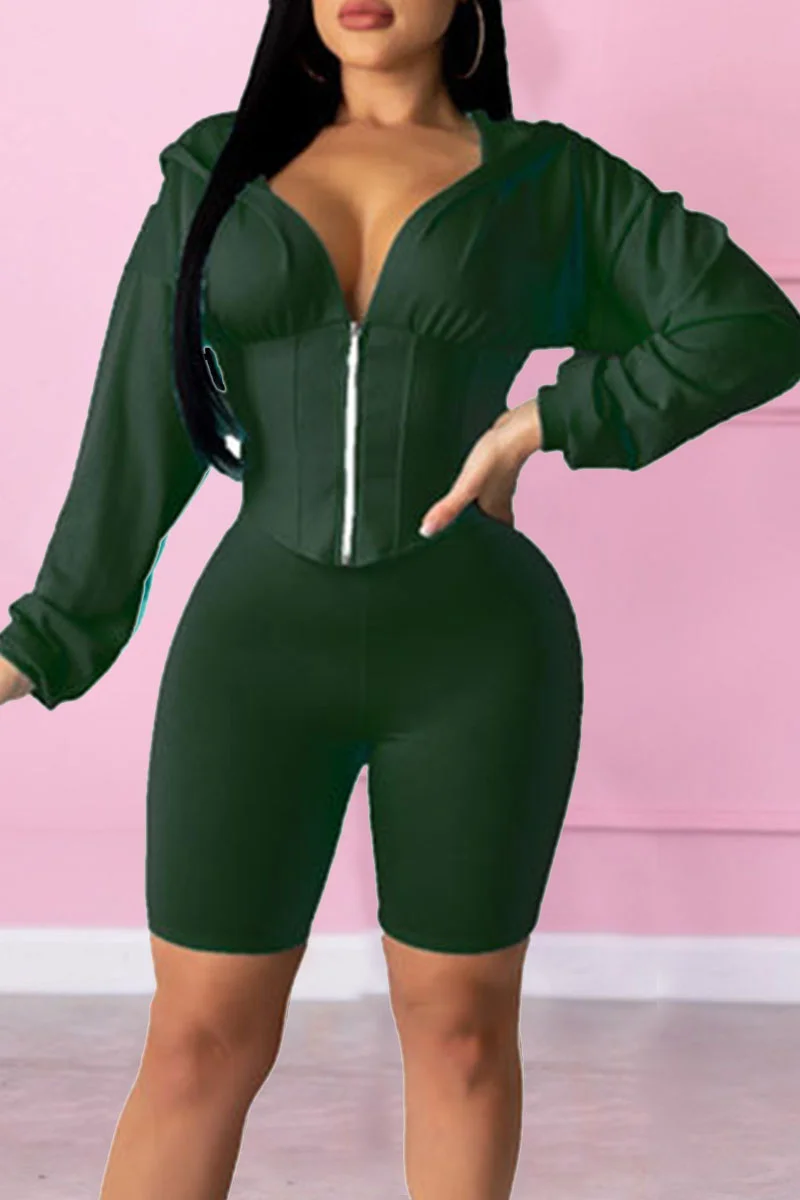 Ink Green Casual Solid Patchwork Hooded Collar Long Sleeve Two Pieces | EGEMISS