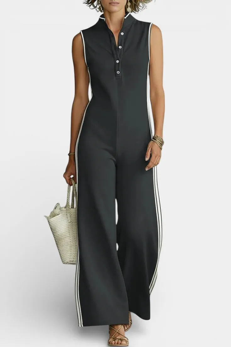 Sleeveless Collared Jumpsuit with White Side Trim