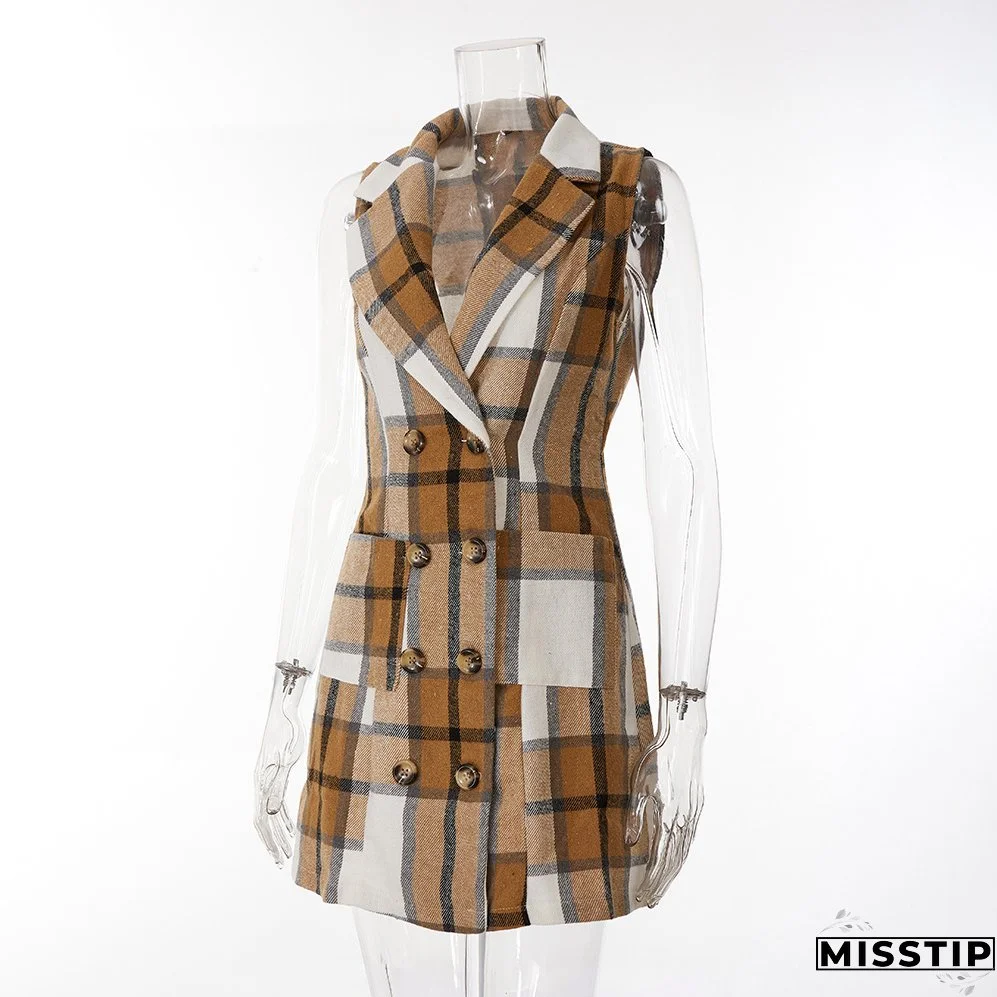 Women's Fashion Plaid Long Vest Turndown Collar Sleeveless Blazer