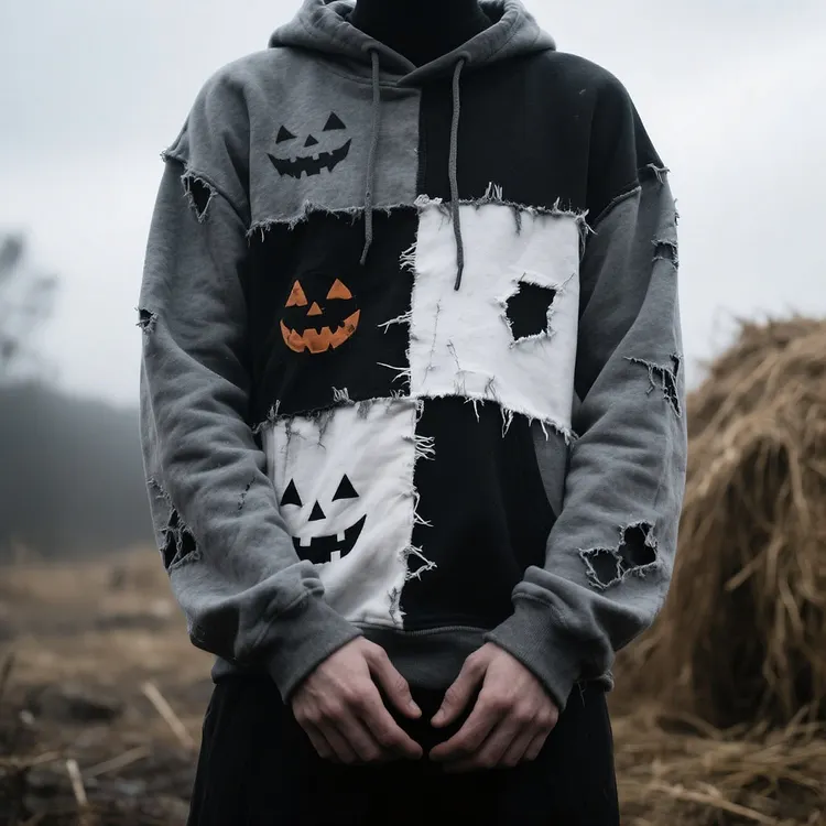 Vintage Patchwork Halloween  Art Cozy Knit Hooded Sweater