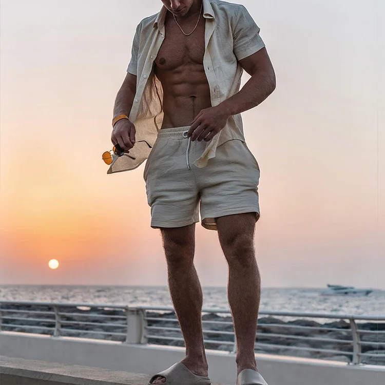 BrosWear Beach Vacation Casual Beige Short Sleeve Shirt Two Pieces Set
