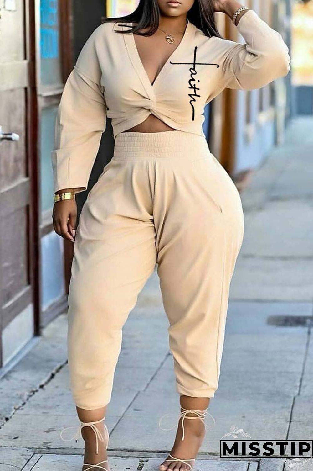 Beige Casual Print Patchwork V Neck Long Sleeve Two Pieces