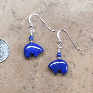 pornhint Pornhint Zuni Fetish style Lapis Lazuli Bear Earrings, beaded with Sterling Silver (Available in 2 sizes)
